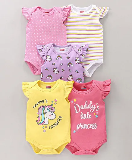 Babyhug 100% Cotton Frill Sleeves Onesie Printed & Stripes Pack of 5 - Multicolour