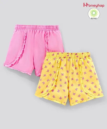 Honeyhap 100% Cotton Shorts Solid & Butterfly Print Pack of 2 - Pink Yellow
