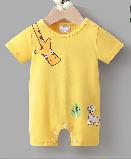 Kookie Kids Half Sleeves Romper Giraffe Print- Yellow