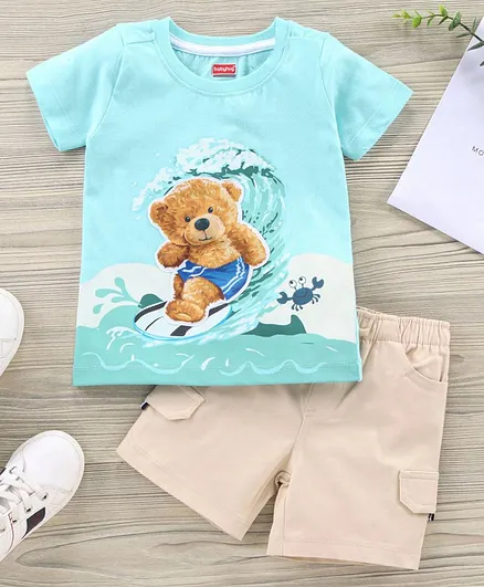 Babyhug Half sleeves T-Shirt & Shorts Bear Print - Blue Beige