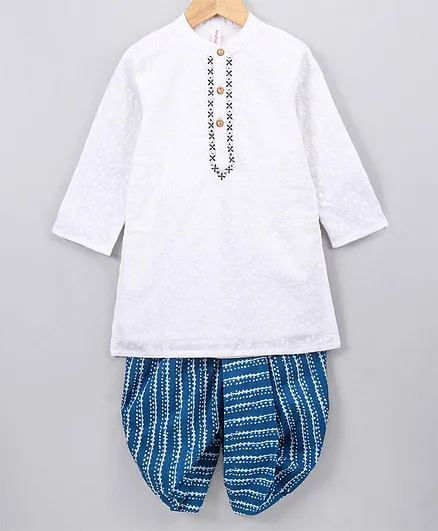 Babyhug Full Sleeves Cotton Solid Kurta and Printed Dhoti Set - White