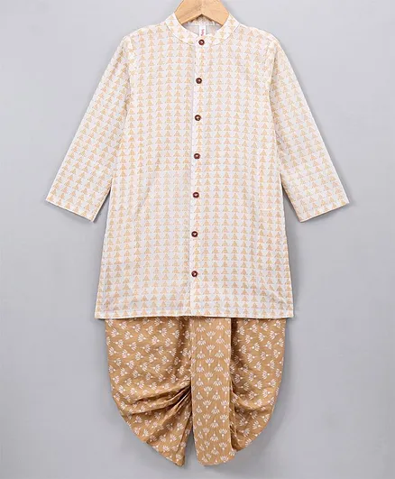 Babyhug Full Sleeves Cotton Kurta and Dhoti Set Printed - Beige