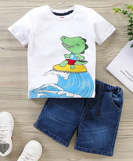 Babyhug Half Sleeves T-Shirt and Denim Shorts Set Surfing Dino Print - White Blue
