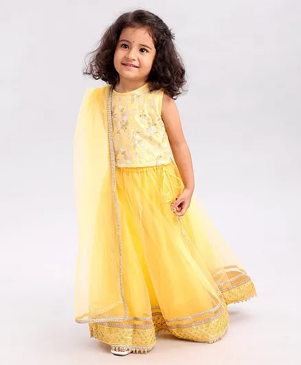 Babyhug Polyester Sleeveless Choli & Lehenga Set With Dupatta Floral Embroidery - Yellow