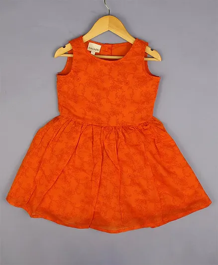 CHAKORI Sleeveless Self Print Dress - Orange