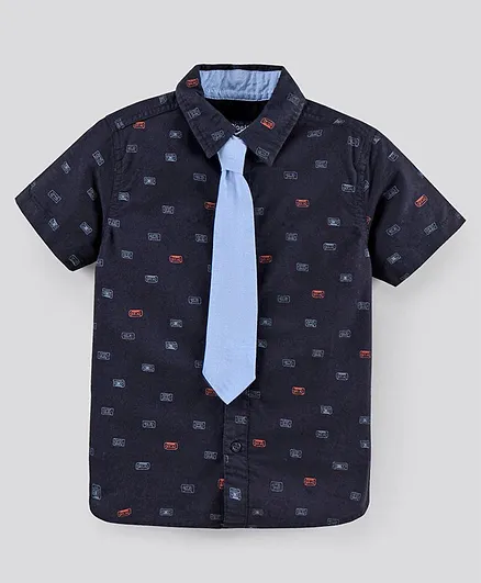Pine Kids Cotton Half Sleeves Shirt With Tie Printed - Navy Blue