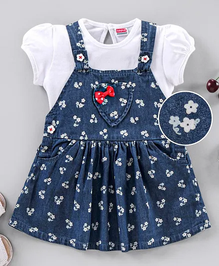 Babyhug Short Sleeves Top & Frock with Bow Applique Floral Print - Navy Blue