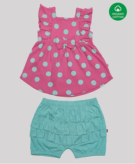 Nino Bambino Sleeveless Polka Dot Organic Cotton Dress With Bloomers - Pink & Blue