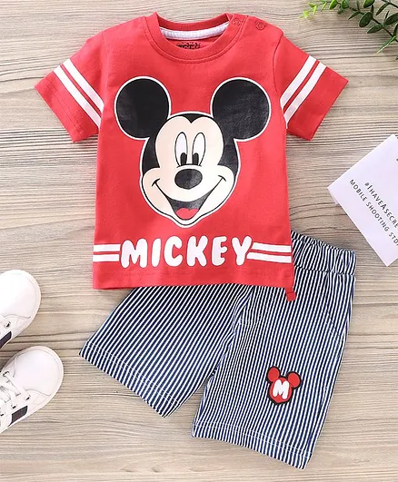 Babyhug Half Sleeves T-Shirt and Shorts Set Mickey Mouse Print - Red Stripes