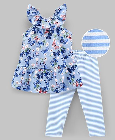 Cucumber Sleeveless Top and Leggings Set Butterflies Print - Blue White