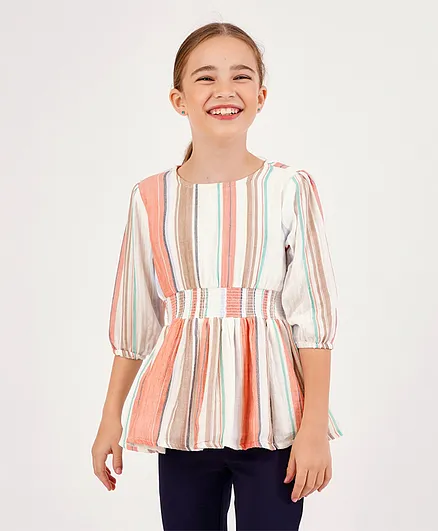 Primo Gino 3/4th Sleeves Gathered Top Stripes Print - Multicolour
