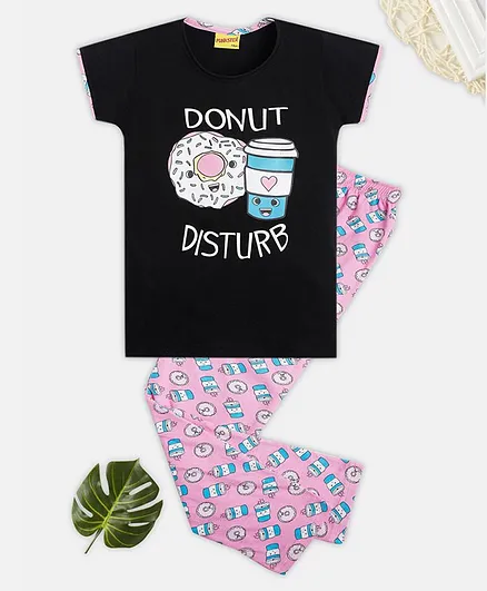 punkster Half Sleeves Donut & Milkshake Print Tee & Pajama Set - Black