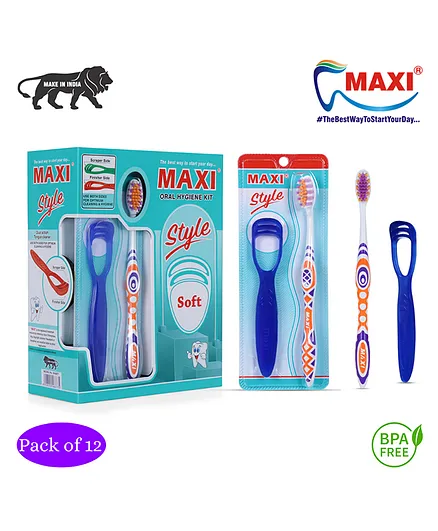 MAXI Style Toothbrush And Tongue Cleaner Oral Hygiene Kit Pack of 12 - Multicolour