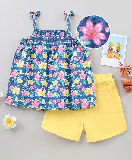 Babyhug Sleeveless Top and Shorts Set Floral Print - Multicolor Yellow