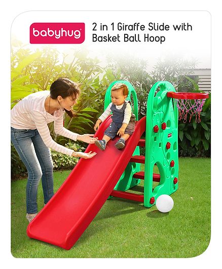 Babyhug 2 in 1 Giraffe Slide with Basket Ball Hoop – Red and Green