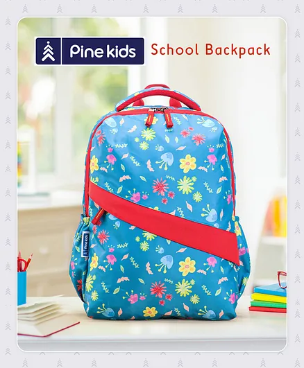 Pine Kids School Backpack Floral Print Blue - 17 Inches