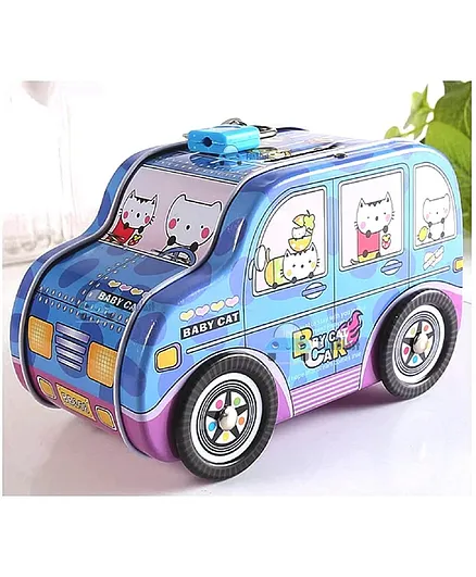 FunBlast Car Shaped Tin Coin Piggy Bank With Lock And Key - Blue