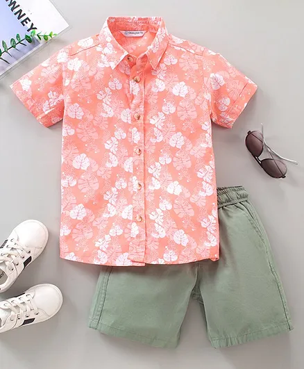 Ollington St. Half Sleeves Shirt and Shorts Set Leaf Print - Peach Green