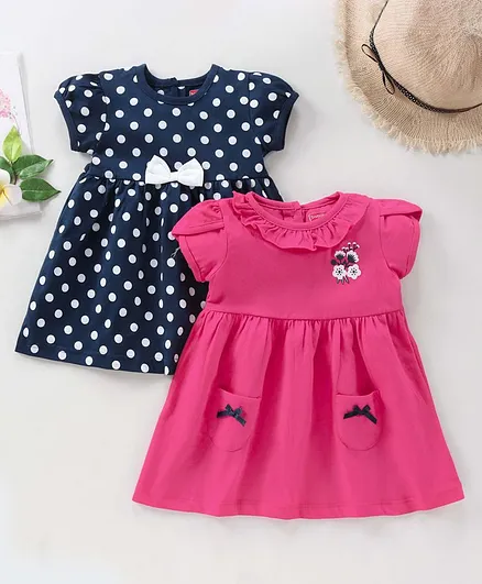 Babyhug Short Sleeves Cotton Dot and Floral Print Frocks with Bow Applique Pack of 2 - Pink Blue