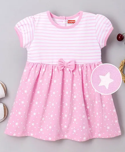 Babyhug 100% Cotton Half Sleeves Frock Star Print & Bow Applique - Pink
