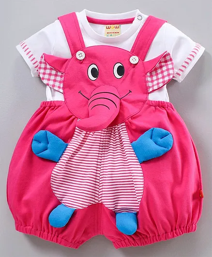 Wow Clothes Dungaree With Half Sleeves T-Shirt Elephant Design - Dark Pink