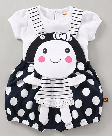 Wow Clothes Dungaree With Tee Polka Dot Print - Navy