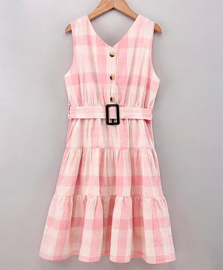 Button Noses Sleeveless Frock With Belt Checks Print- Pink