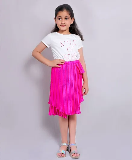 Piccolo Half Sleeves Stars Printed Tee With Asymmetric Pleated Skirt - White & Pink