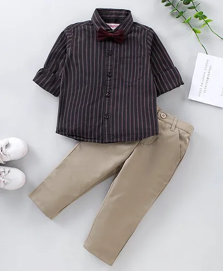 Babyhug Full Sleeves Striped Shirt & Trouser Set With Bow - Black Beige