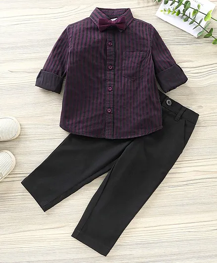 Babyhug Party Wear Full Sleeves Stripe Shirt & Trouser With Bow - Black Purple