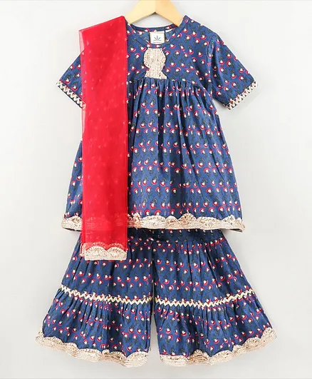 Teentaare Half Sleeves Cotton Kurti and Sharara with Dupatta Embellished Border - Red Navy Blue