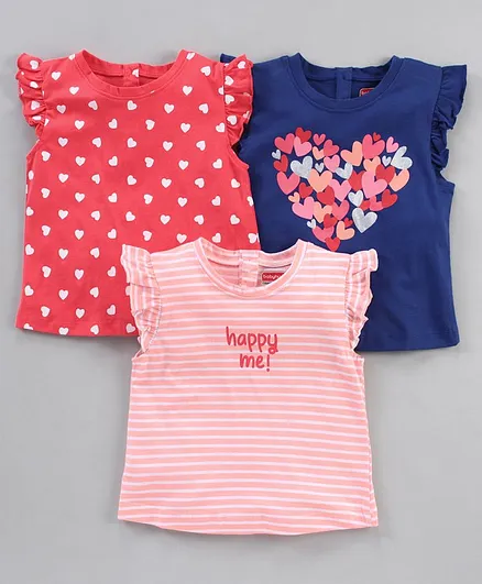 Babyhug Cap Frill Sleeves T-Shirts With Heart Graphics Pack of 3 - Navy Pink