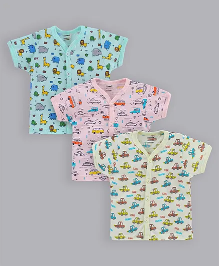 Cucumber Half Sleeves Vests Animals & Vehicles Print Pack of 3 - Blue Pink Yellow