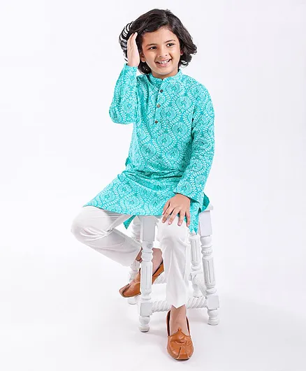 Pine Kids Full Sleeves Printed Kurta & Pyjama Set - Turquoise