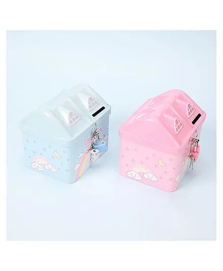 WOW TOYS- Delivering Joys of Life Unicorn Printed House Shaped Piggy Bank With Security Lock & Keys Pack of 2 (Colour May Vary)