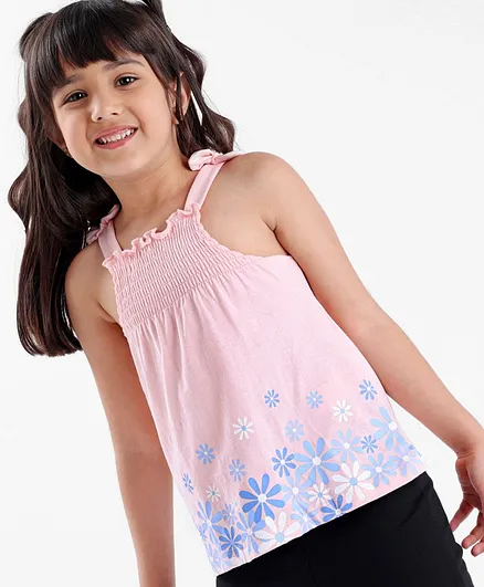 Babyhyg Singlet Top With Graphics & Smocking Detailing Floral Print - Pink