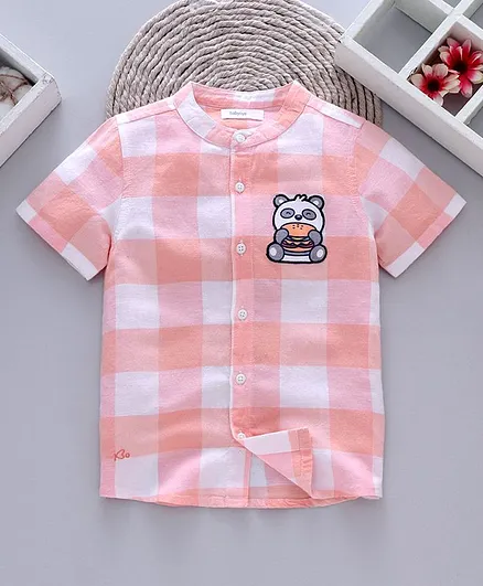 Babyoye Half Sleeves Cotton Checked Shirt with Panda Embroidery - Peach
