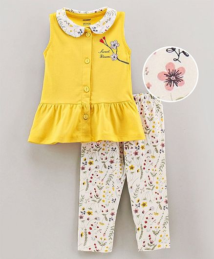 Cucumber Sleeveless Top & Bottomwear Floral Print - Yellow