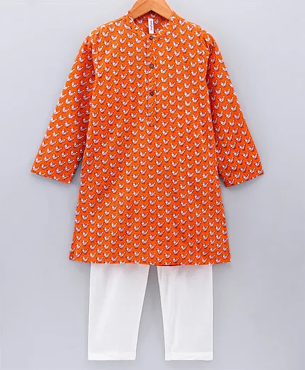 Babyhug Full Sleeves Cotton Kurta Payjama Set Bird Print - Coral Red White