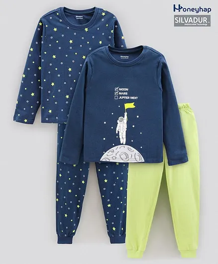 Honeyhap Premium Cotton Full Sleeves   Anti-Microbial  Finish Nightwear Pajama Sets Printed - Blue Green