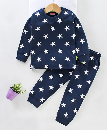 Babyhug Full Sleeves Tee & Pyjama Set Stars Print - Navy Blue