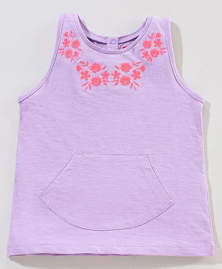 Babyhug Sleeveless Cotton T-Shirt With Foral Embroidery And Front Pockets - Purple
