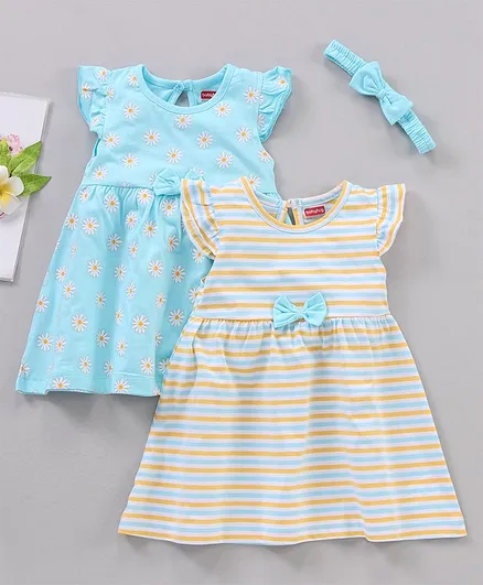 Babyhug 100% Cotton Short Sleeves Frock with Headband Pack of 3 - Blue White