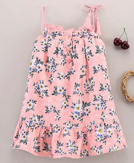 Babyhug Singlet Sleeves Frock With Floral Print & Shoulder Tie Up - Pink
