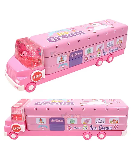 Toyshine Unicorn Aqua Splash Magic Bus Themed Metal Pencil Box with Moving Tyres & Sharpener - Pink