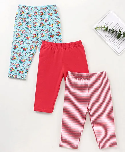 Babyhug Three Fourth Length Cotton Lycra Leggings Floral And Stripe Print Pack Of 3 - Red Blue Pink