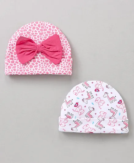 Babyhug 100 % Cotton Caps Animal print & Bow Applique - Pink & White
