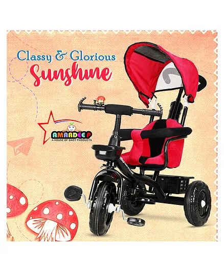 Amardeep Baby Tricycle Sunshine With Safety Armrest Parental Control and Canopy - Pink