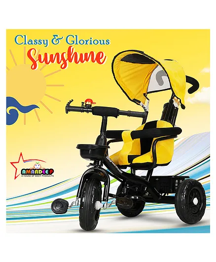 Amardeep Baby Tricycle Sunshine With Safety Armrest Parental Control and Canopy - Yellow