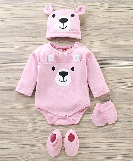 Babyhug Full Sleeves Onesie with Cap Mittens & Booties Bear Face Print with Ear Applique - Pink